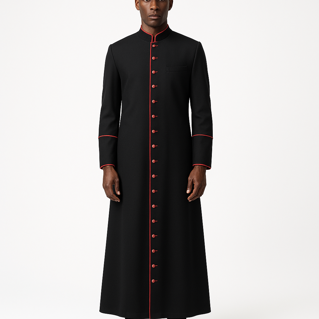 MENZ Clergy Robe Cassock Vestment for Pastor Black/Red — AI Model Photo